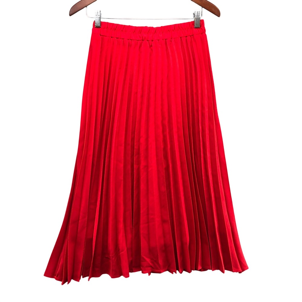 Chartou Pleated Midi Skirt Women Small Red Elastic Waist A-Line Accordion FC6244